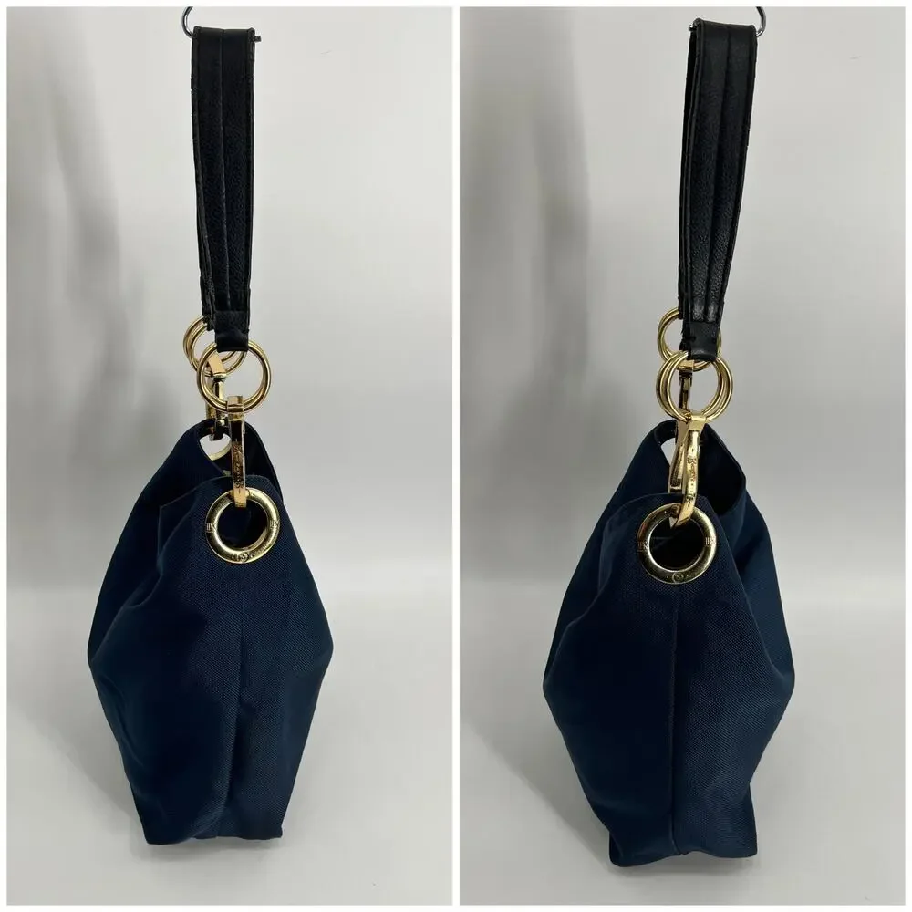 JPK Paris 75 Hobo Bucket Shoulder Bag Navy Blue Canvas Leather Strap Gold Buckle